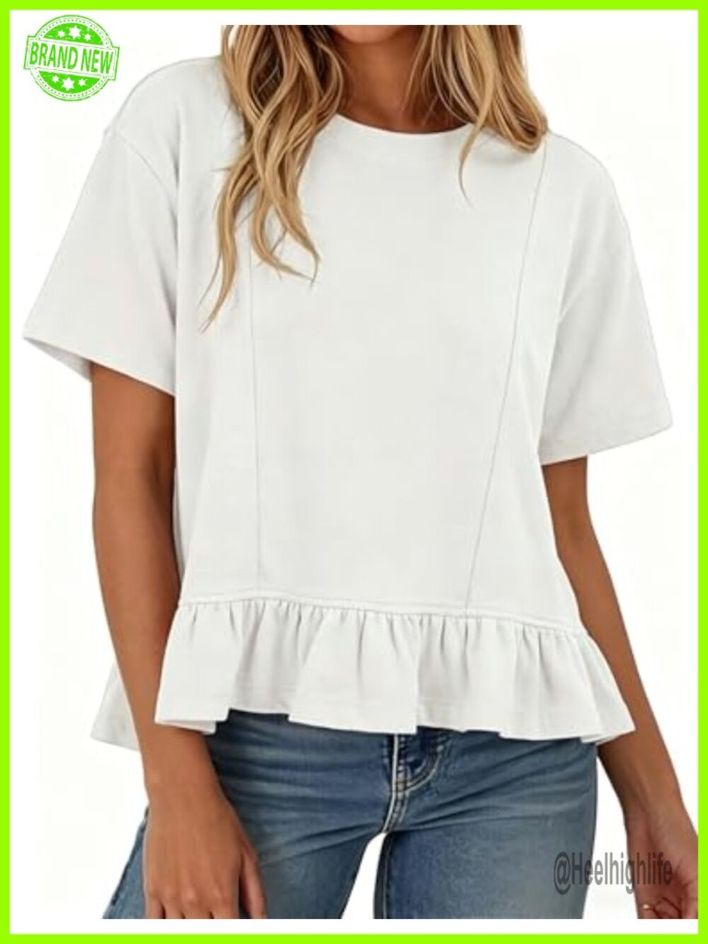 Women's Short Sleeve Ruffled Peplum Hem Cotton Blend Knit Tee Crew Neck Summer